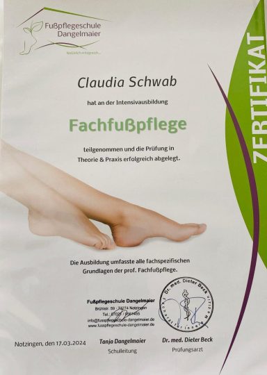Fußpflegezertifikat -ärztlich geprüft Fachfußpflege ärztlich geprüft